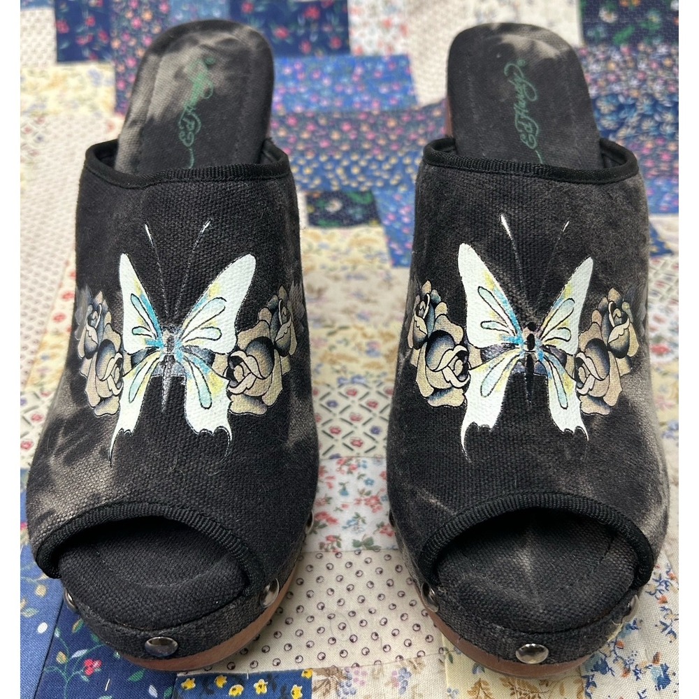 Women's Ed Hardy Y2K Faded white butterfly platform heels